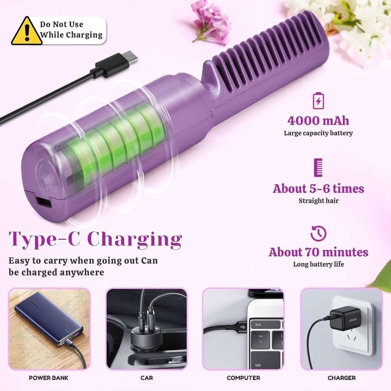 Meneflix Portable Mini Hair Straightener Cordless Rechargeable Mini Adjustable Hair Straightener Hot Comb - ShopzVibe