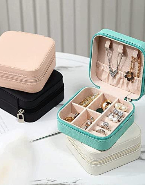 Jewelry Organizer PU Leather Zipper Portable Storage Box Case with Divider Container for Rings - ShopzVibe